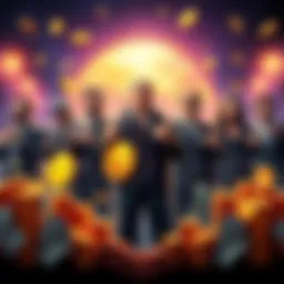 Tech Billionaires with Wealth Symbols A group of tech billionaires standing with symbols of wealth like gold coins and dollar bills, embodying the influence of modern moguls on the economy.