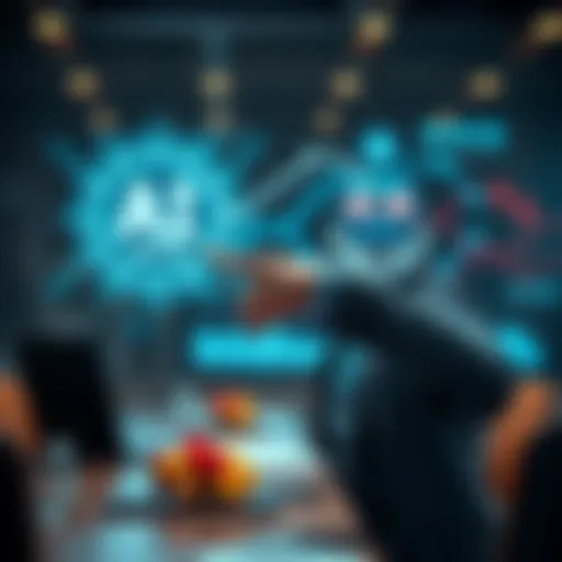 A tech CEO gestures towards an AI graphic during a meeting, symbolizing the blame on technology for layoffs.