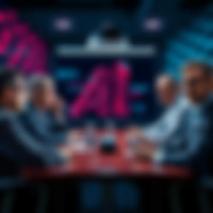 Group of tech CEOs discussing AI challenges around a conference table, looking concerned and engaged