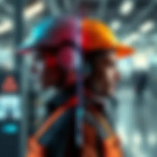 A split image showing a modern worker using AI technology on one side and a struggling worker without tech skills on the other side