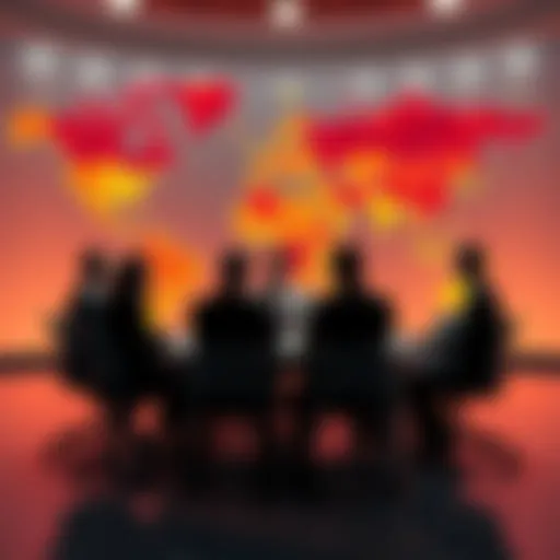 A group of tech executives in suits discussing around a conference table, with a large map of the world showing geopolitical tensions in the background.