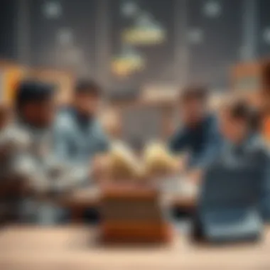 Tech Enthusiasts Discuss AI and Books A group of tech enthusiasts engaging in a discussion about the impact of AI on the book industry, with books and laptops on a table.