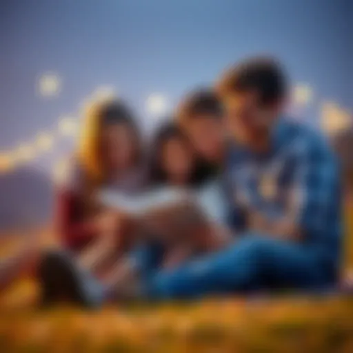 Family spending time together without screens, engaging in outdoor activities or reading books.