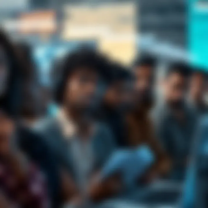 A group of diverse tech workers looking worried in an office setting after receiving layoff notices.