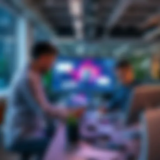 A professional team working on creating a polished product demo video with animations and graphics in a modern office setting.