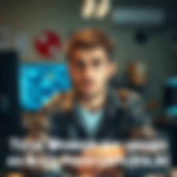 A tech worker in an office setting, showing concern about potential layoffs due to AI advancements, with a computer and tech-related items in the background