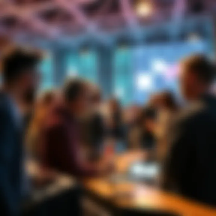 Former software engineers gathering at a tech event, discussing opportunities as companies seek to rehire talent.