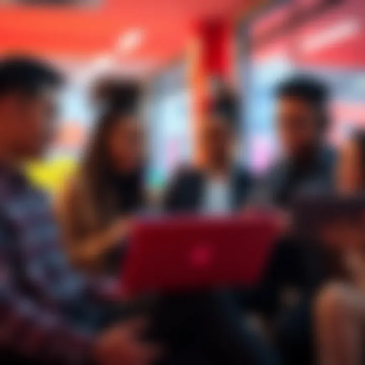 A diverse group of tech workers looking at their salary offers on laptops, discussing changes in compensation packages.