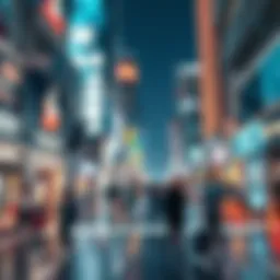 A futuristic scene showcasing advanced technology and innovation in a city setting, with digital elements and people interacting with smart devices.