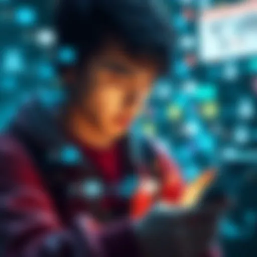 A person looking at their phone, frustrated by slow loading times, surrounded by distractions like social media notifications