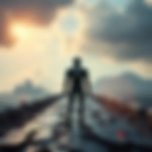 A human figure stands at a crossroads between nature and technology, symbolizing the choice between transhumanism and authentic human evolution.