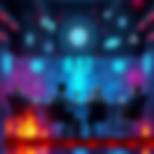 A digital scene showing a group of people engaged in online discussions about AI worship, surrounded by symbols representing technology and spirituality.