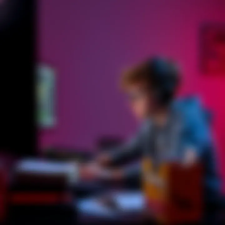 A 14-year-old teen frustrated at a computer, surrounded by notes and a coding book, trying to improve skills in game development.