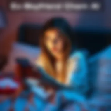 A teenage girl sits on her bed, looking shocked while holding a phone, with a digital chatbot interface on the screen.