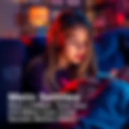A teenage girl sitting on a couch, focused on her smartphone, with social media icons visible on the screen.