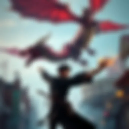 A young person in Koreatown fights against a sorcerer while a majestic dragon soars above them, set against the backdrop of Los Angeles.