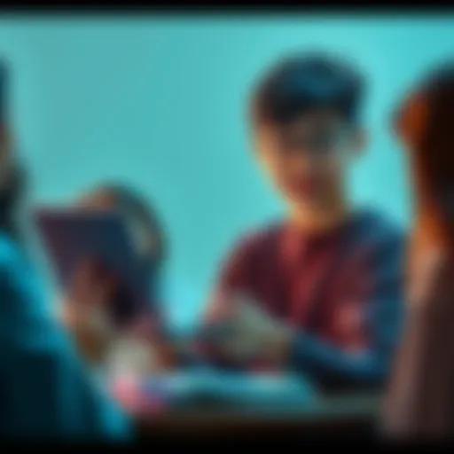 A 16-year-old student holding a laptop and discussing AI ethics with peers, surrounded by books and notes.