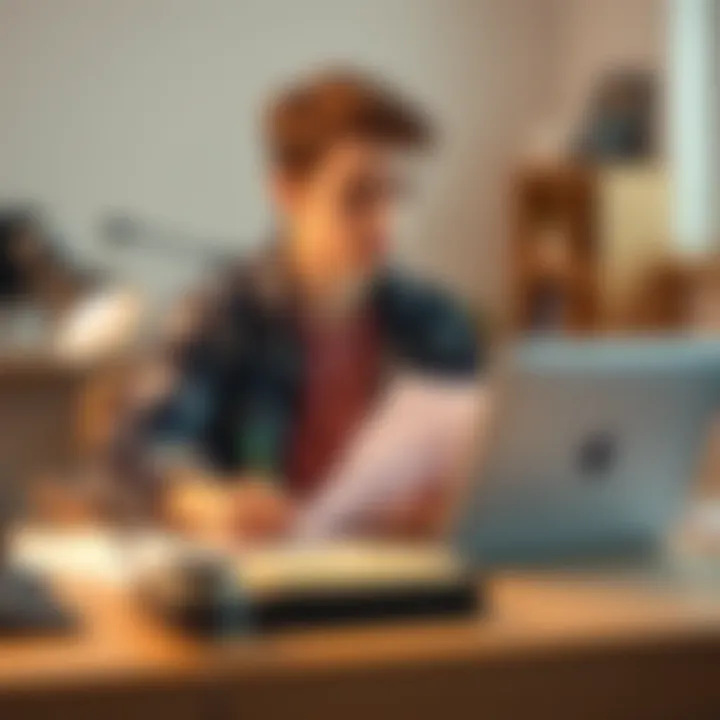 Teen choosing between software engineering and motion design A 17-year-old student sits at a desk with a laptop and sketchpad, looking thoughtful as they weigh career options in software engineering and motion design