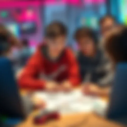 A 17-year-old aspiring game designer discussing ideas with coders at a table, with concept sketches and laptops around them.