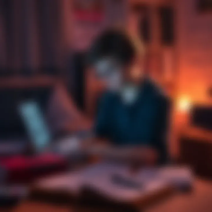 A 15-year-old boy sketches ideas for a horror game on a laptop in a dimly lit room, surrounded by game design books and notes.