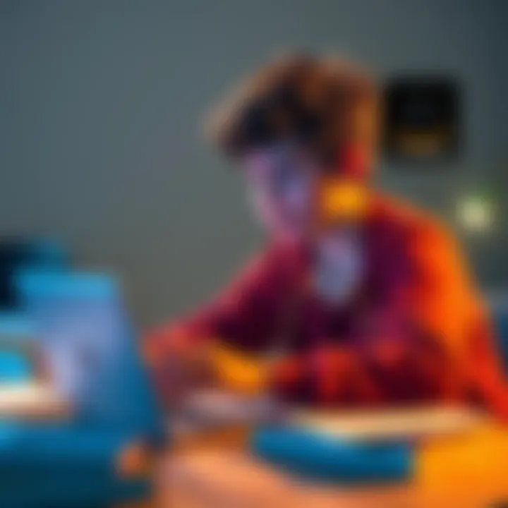 A teenager studying artificial intelligence on a laptop, with books and notes around them, representing the importance of learning key skills for success in AI.
