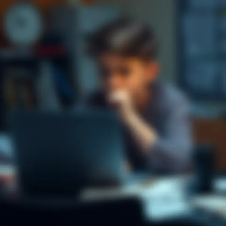 A 17-year-old sitting at a desk, looking thoughtfully at a laptop, surrounded by notes and anxious expressions, symbolizing worries about AI's impact on jobs and creativity.