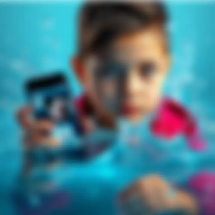 A 13-year-old holding a smartphone showing TikTok, surrounded by water imagery, highlighting misinformation about AI water usage.