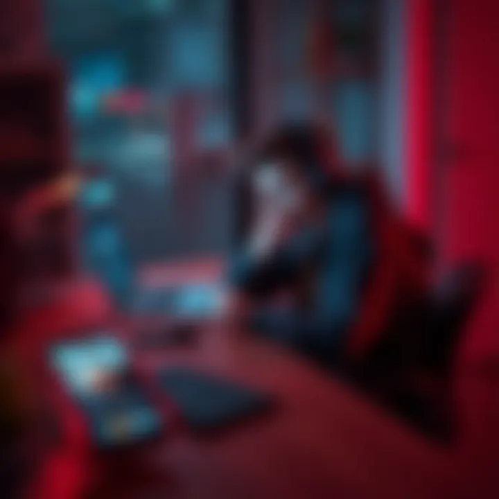 A teenager sitting at a desk, interacting with a laptop displaying an AI chat interface, looking thoughtful. Nearby, a phone shows social media notifications, highlighting the contrast between technol...