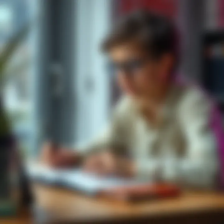 A teenager sits at a desk with a notebook and pen, contemplating story ideas and writing concepts.