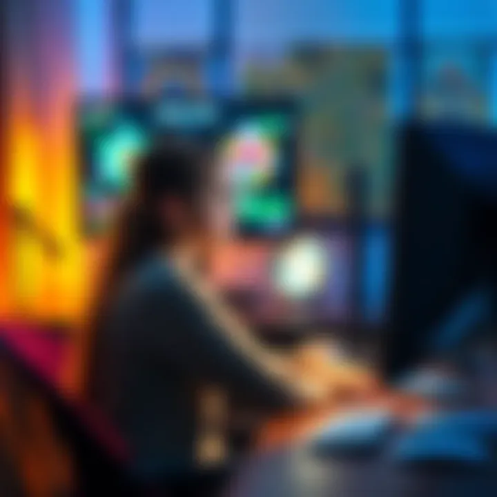 A teenage girl sitting at a desk with a computer, engaging in an online game design course, with colorful game graphics on the screen