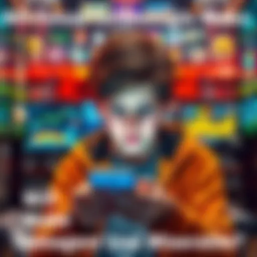A teenager looking worried while using a smartphone and surrounded by digital screens, symbolizing the challenges of modern technology.