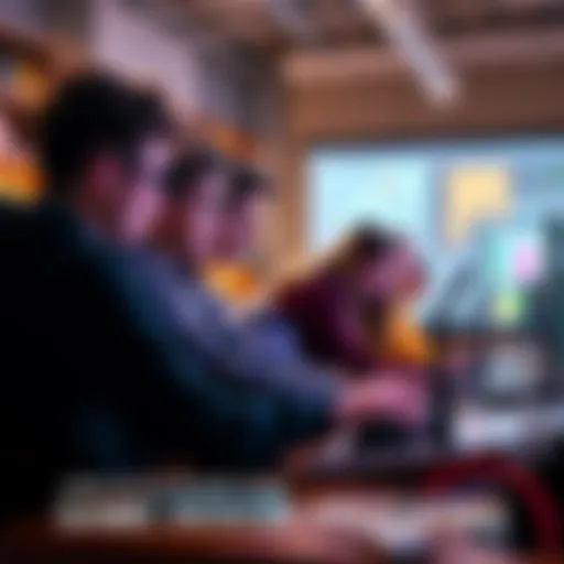 A group of teenagers collaborating on game design projects during a hands-on workshop