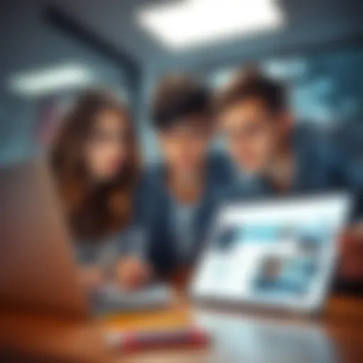 Three teenagers looking at a laptop with search results about crime, looking concerned
