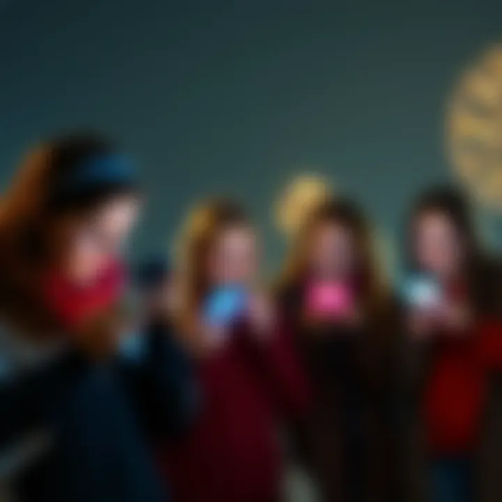 Group of European teens engaging with smartphones, showing social media icons, symbolizing new restrictions on social media use
