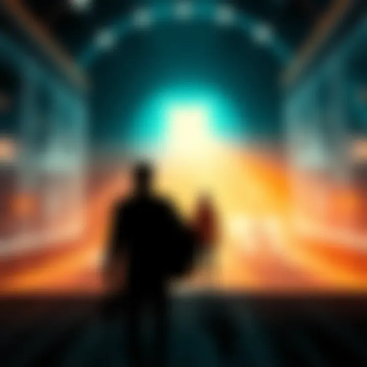 An artistic representation of a futuristic teleportation device with light beams and people ready to travel instantly. It shows various modes of transportation like cars and planes fading into the bac...