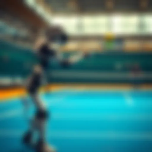 A tennis robot serves a ball on a court, showcasing its advanced technology while a spectator watches with curiosity.