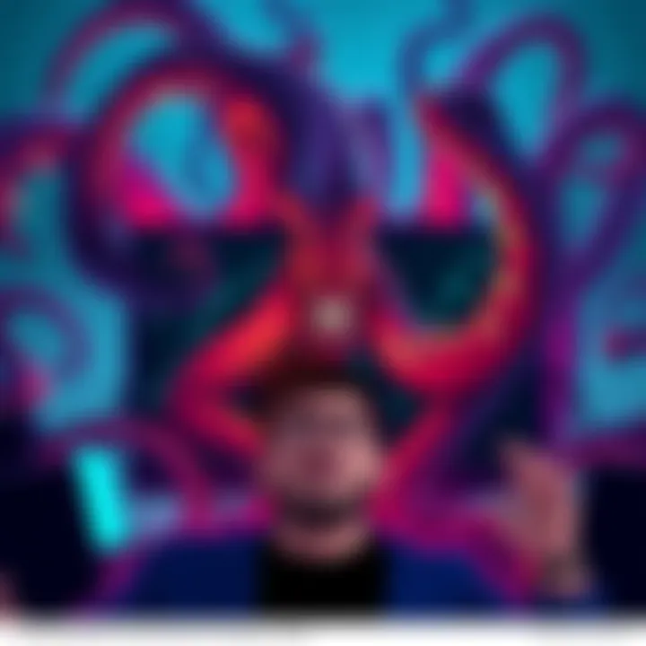 A digital art representation of a tentacle monster emerging from a screen, with a user looking frustrated in the foreground, reflecting online challenges.