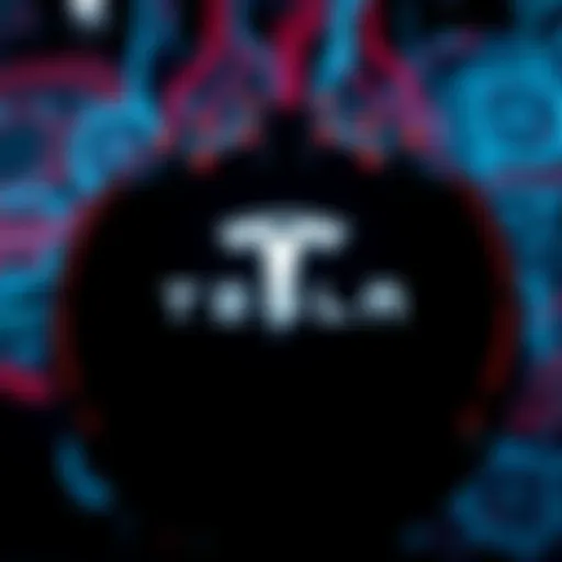 Tesla's logo with a representation of AI hardware and technology imagery in the background