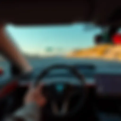 A Tesla vehicle on a highway with the Autosteer feature activated, illustrating automated driving technology.