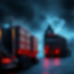 Truckloads of Tesla batteries being loaded for shipment with a shadowy figure in the background, suggesting theft