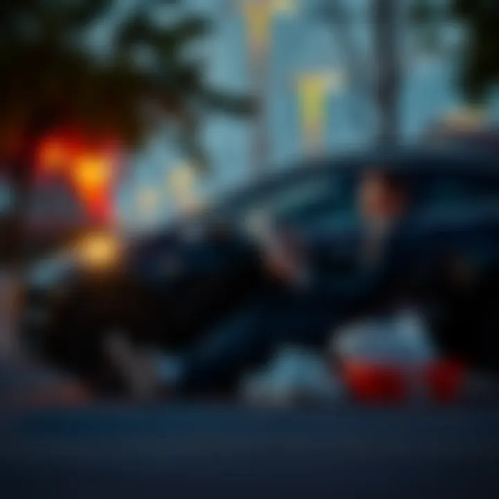 A Tesla car parked with a concerned driver looking at paperwork beside it, symbolizing the delay in crash data reporting.