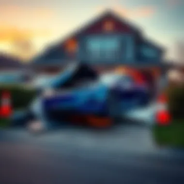 A Tesla vehicle that crashed into a residential home, with visible damage to the front of the house