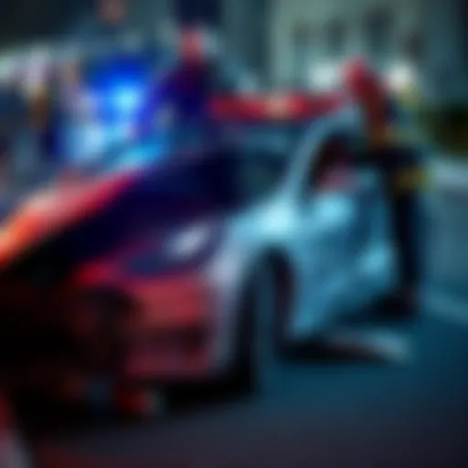 Tesla vehicle with visible damage from a crash, surrounded by emergency responders and onlookers