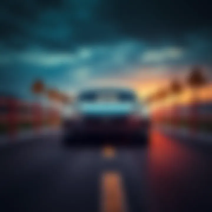 A Tesla car is halted on a road, surrounded by warning signs symbolizing challenges for the electric vehicle brand.