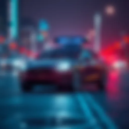 A Tesla car with its autonomous driving features highlighted, showcasing the technology amid a city backdrop.