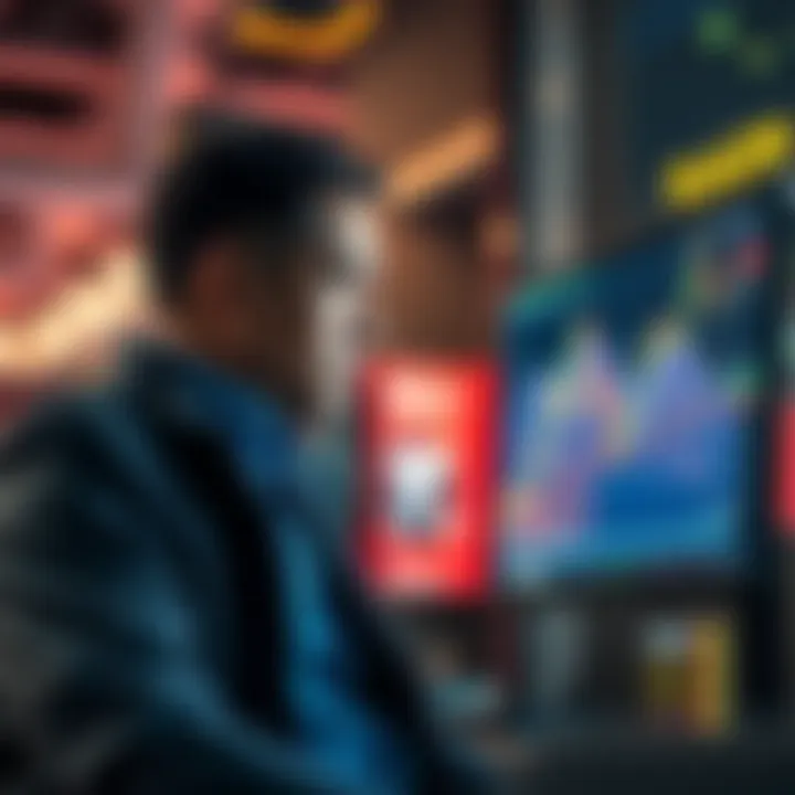 A graphic showing a downward trend in Tesla stock prices, with a worried investor looking at a stock chart on a screen