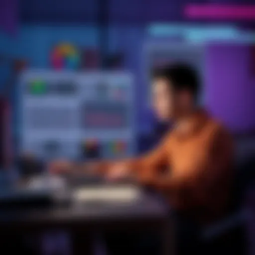 A person sitting at a desk with a laptop, analyzing data and notes about prompt testing, looking focused and engaged.