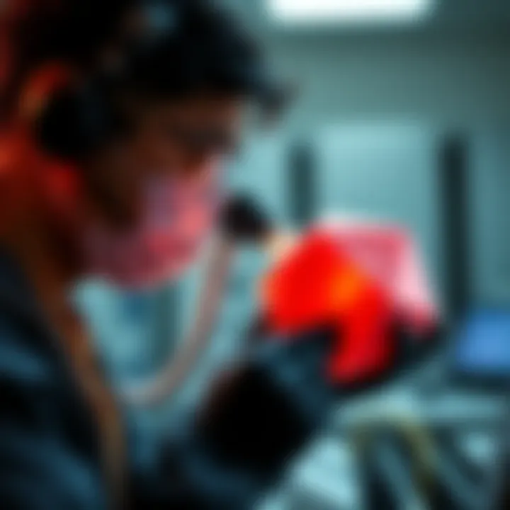 A technician examines a tetrahedron flesh mask during the testing phase at Weta's Animatomy lab, focusing on shape simulation techniques.