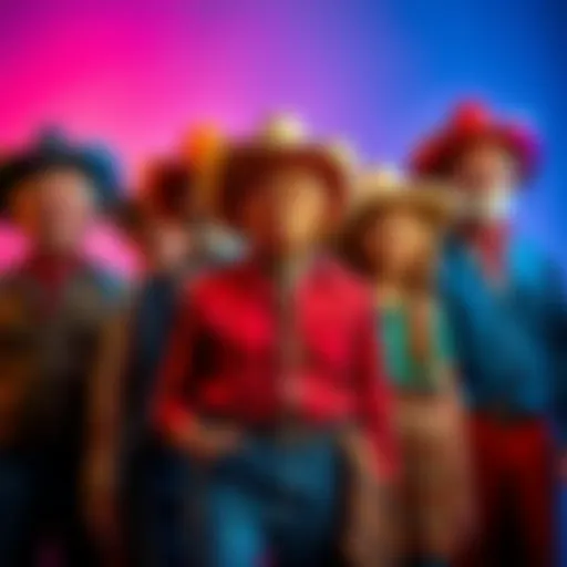 A group of diverse Texans in traditional and modern attire, showcasing a variety of regional styles and symbols associated with Texas, such as cowboy hats and vibrant colors.