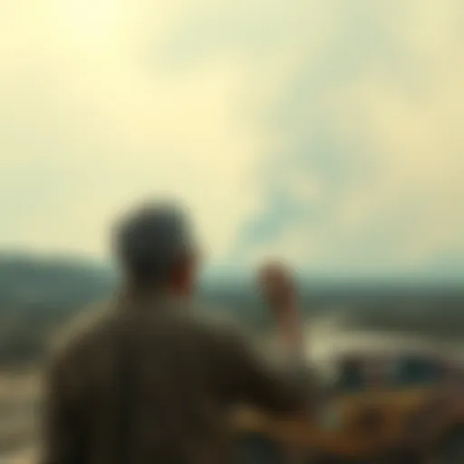 A worried Texas resident looks out over a barren landscape with smoke in the distance and a mask in hand, symbolizing fear of health crises and wildfires.